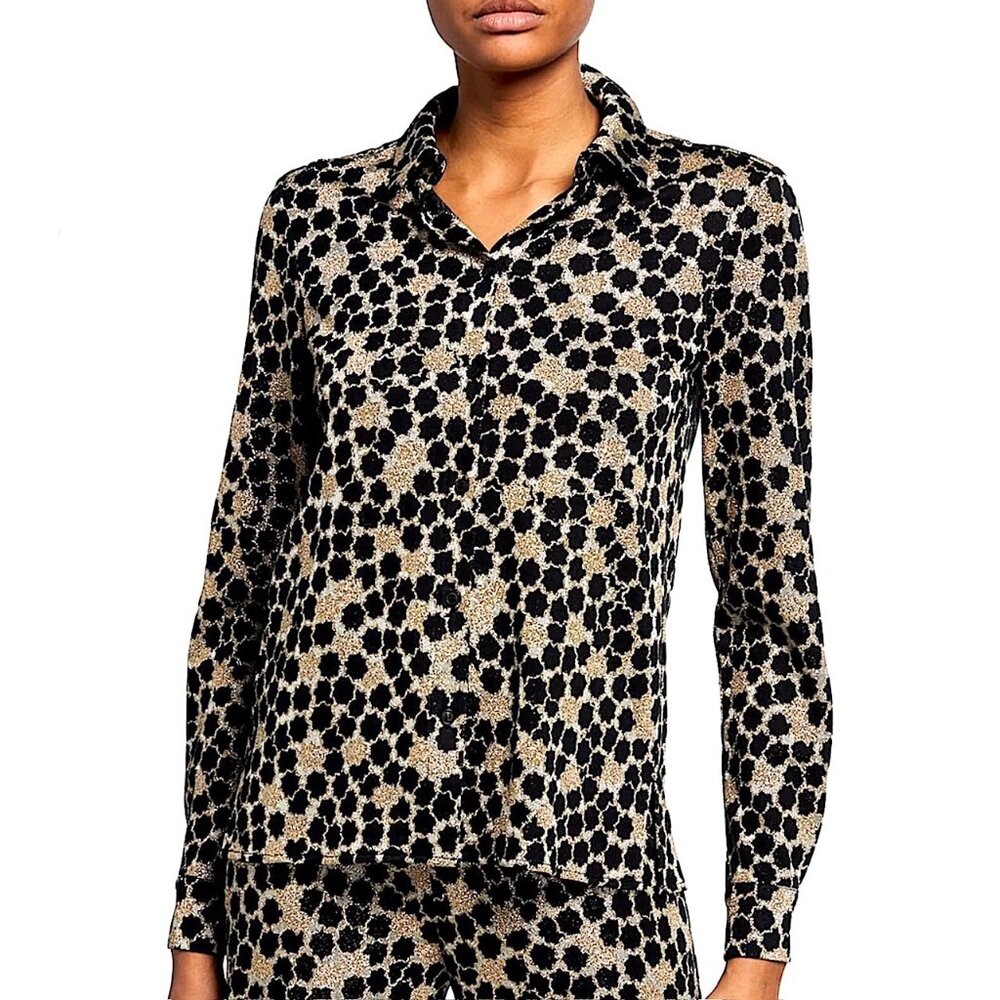 New Stine Goya Lucian Metallic Print Button Front Top Stardot Black